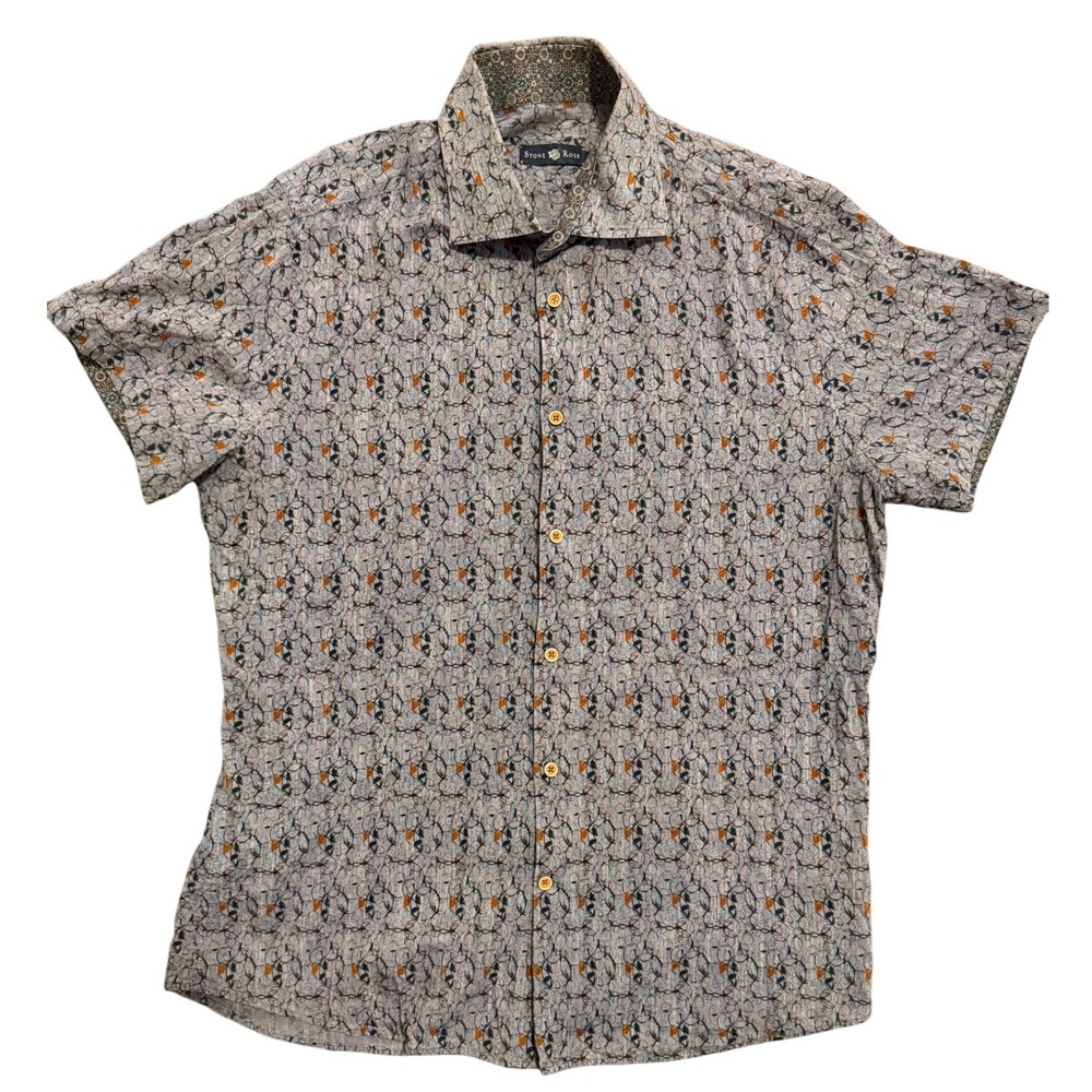 Stone Rose Mens Button Up Shirt Short Sleeve Pattern Print Size 3 Made in Turkey